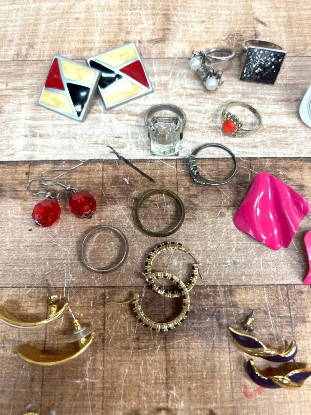 Vintage Statement Jewelry Lot With Earrings Rings & Brooches In Mixed Materials